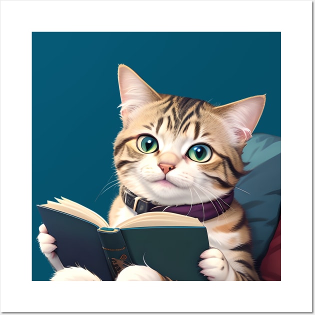 Funny Cute Kawaii Anime Book Lover Bookworm Reading Cat Wall Art by Tina